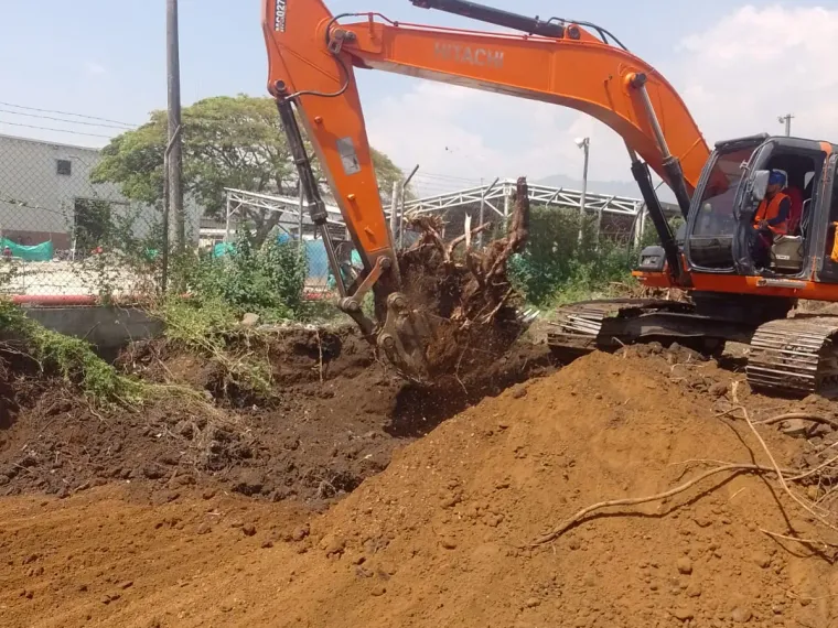 Excavadora de oruga retirando material y raíces en un frente de excavación.