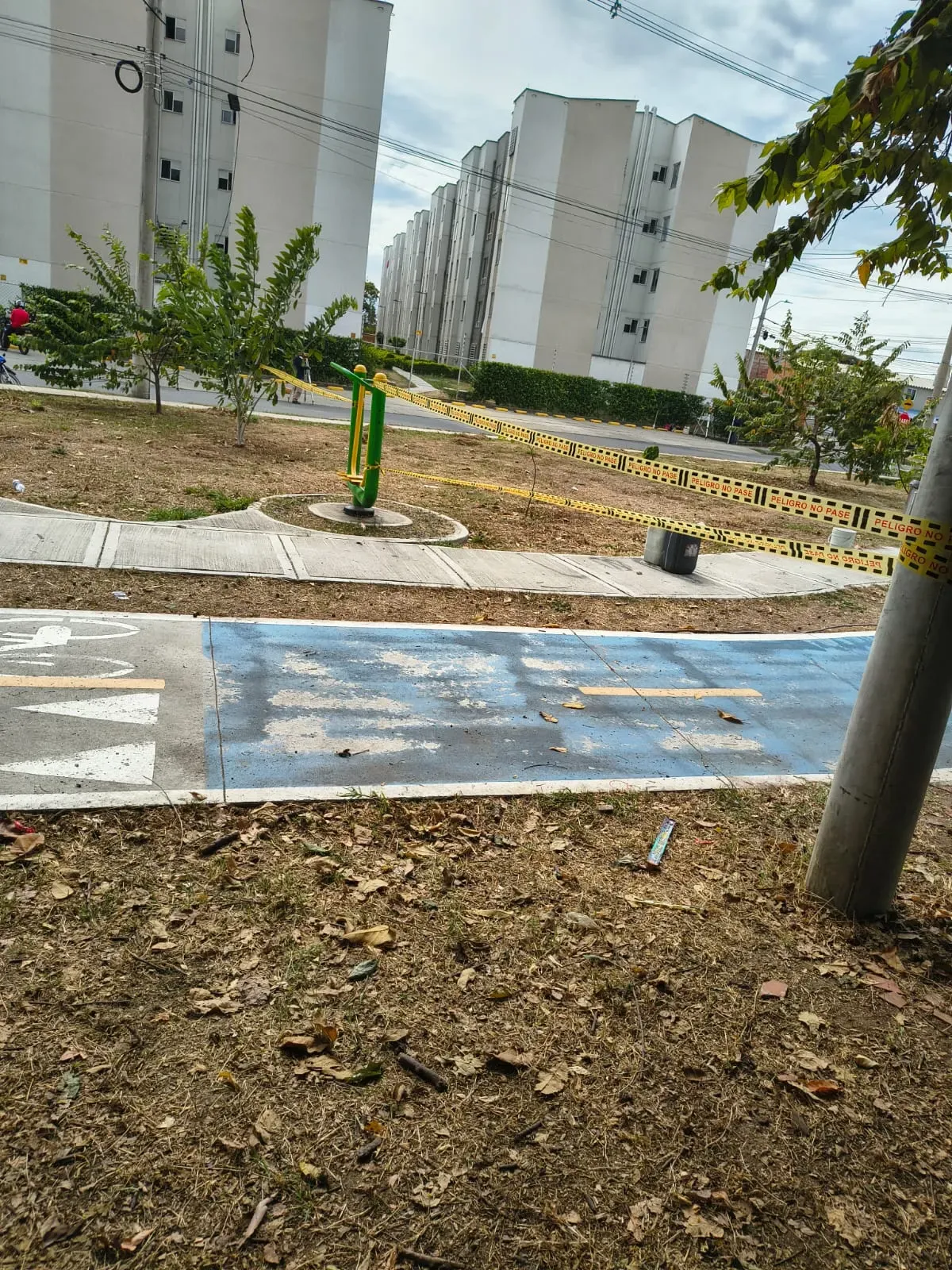 Sendero peatonal en concreto y mobiliario instalado en una zona verde comunitaria.